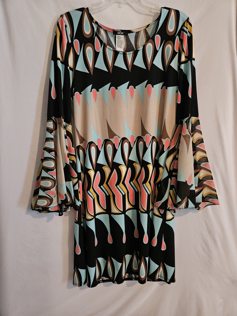MSK Black Multi-Color Printed Flare Sleeve Dress- Sz L, NWT